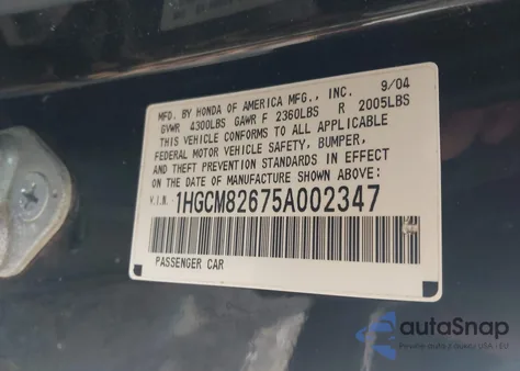 2005 Honda Accord 3.0 Ex from USA, damaged, VIN 1HGCM82675A002347